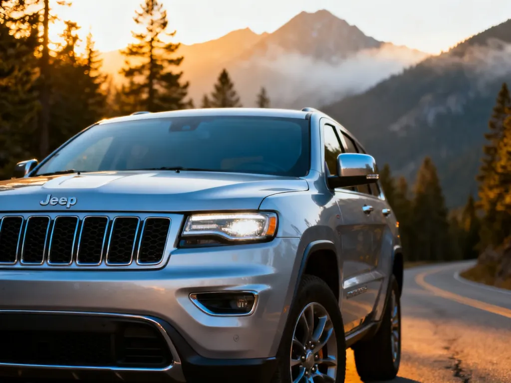 Srebrny Jeep Grand Cherokee zaparkowany na malowniczej górskiej drodze w świetle zachodzącego słońca.