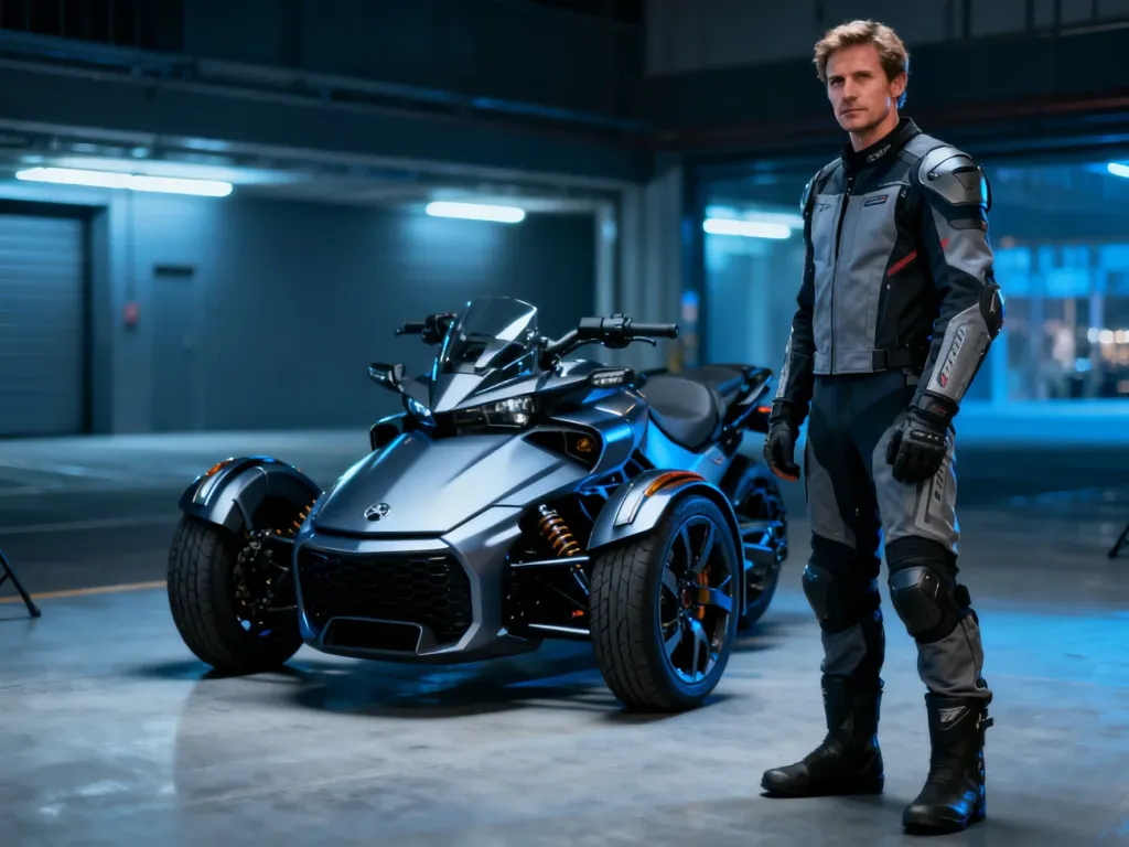 Nowoczesny motocykl trójkołowy w garażu, obok którego stoi ubrany w strój ochronny motocyklista.