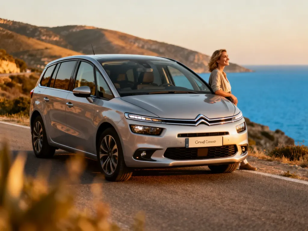 Srebrny Citroen C4 Grand Picasso zaparkowany na malowniczym wybrzeżu z uśmiechniętą kobietą opartą o maskę samochodu.