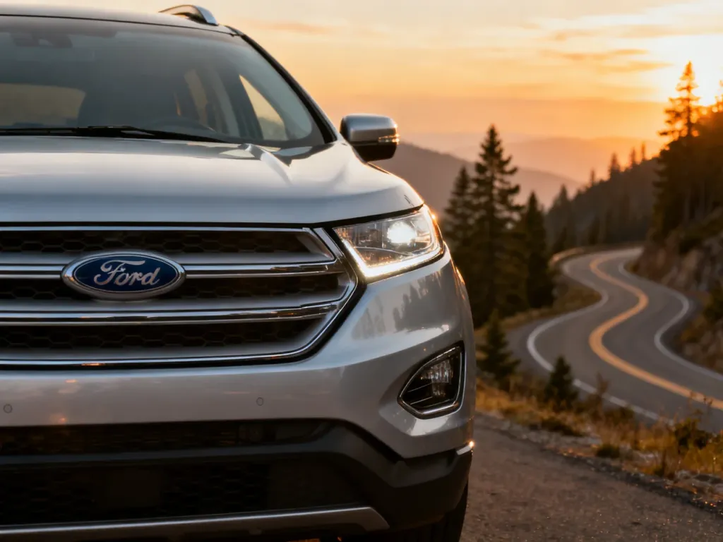 Srebrny Ford Edge zaparkowany na malowniczej górskiej drodze w świetle zachodzącego słońca.