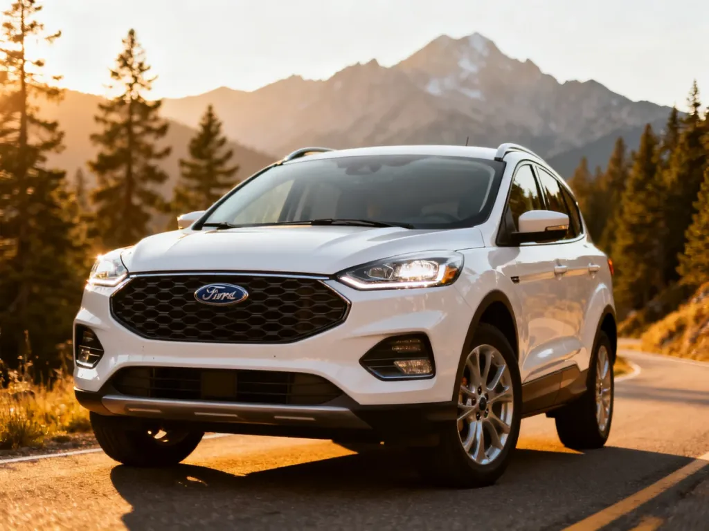 Biały Ford Kuga zaparkowany na malowniczej górskiej drodze w świetle zachodzącego słońca.
