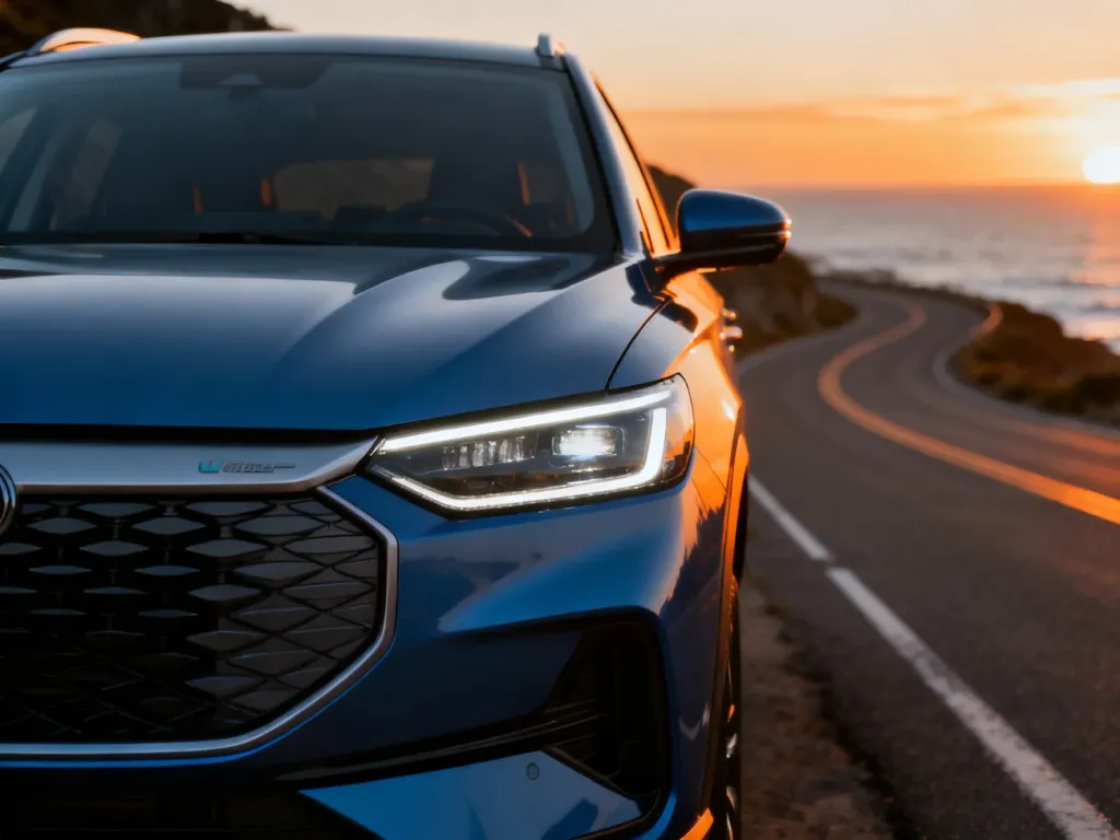 Nowoczesny hybrydowy SUV MG ZS Hybrid+ zaparkowany na malowniczej nadmorskiej drodze podczas zachodu słońca.