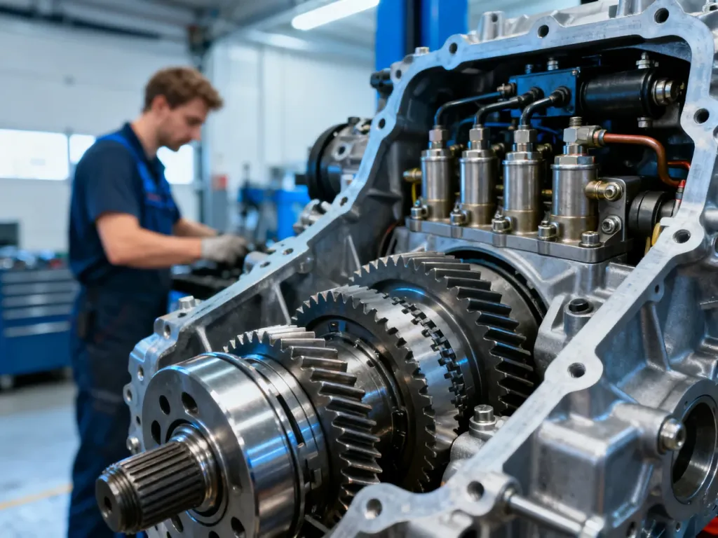 Wnętrze nowoczesnej skrzyni biegów typu Powershift z widocznymi metalowymi kołami zębatymi i zaworami hydraulicznymi.