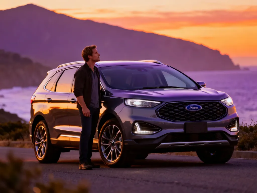 Nowoczesny Ford Edge zaparkowany na malowniczej trasie nadmorskiej podczas zachodu słońca z właścicielem obok pojazdu.