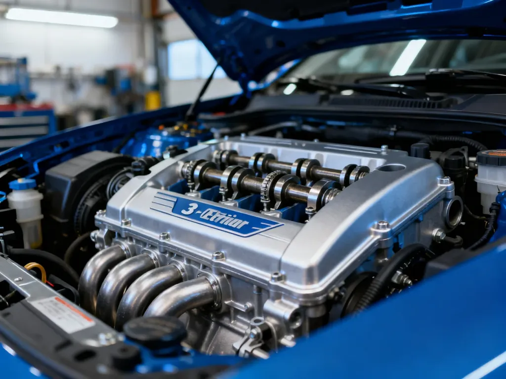 Zbliżenie na nowoczesny, trzycylindrowy silnik 1.0 EcoBoost w komorze silnika samochodu. Profesjonalne ujęcie techniczne.