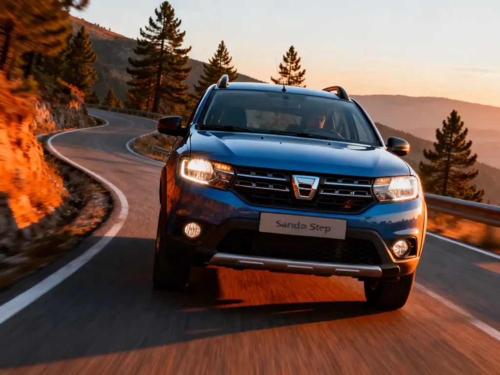 Dacia Sandero Stepway jadąca górską drogą w świetle zachodzącego słońca, podkreślająca nowoczesny design przedniego pasa.
