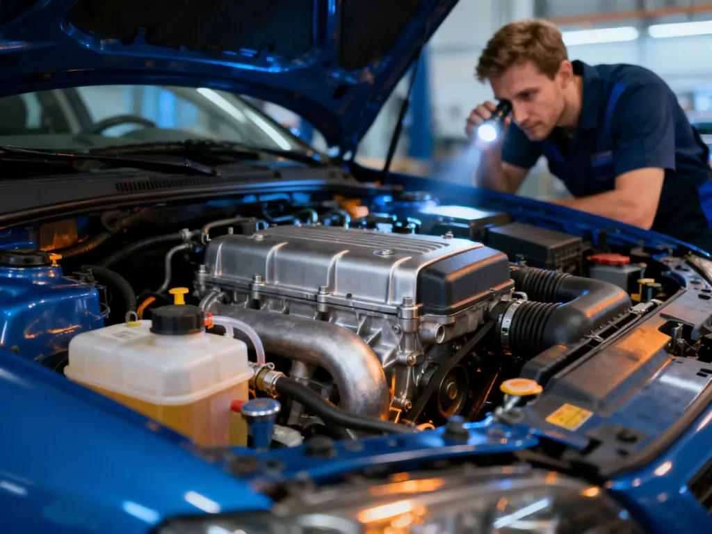 Mechanik z latarką sprawdza stan techniczny silnika 1.5 TDCi, skupiając się na elementach układu paliwowego.