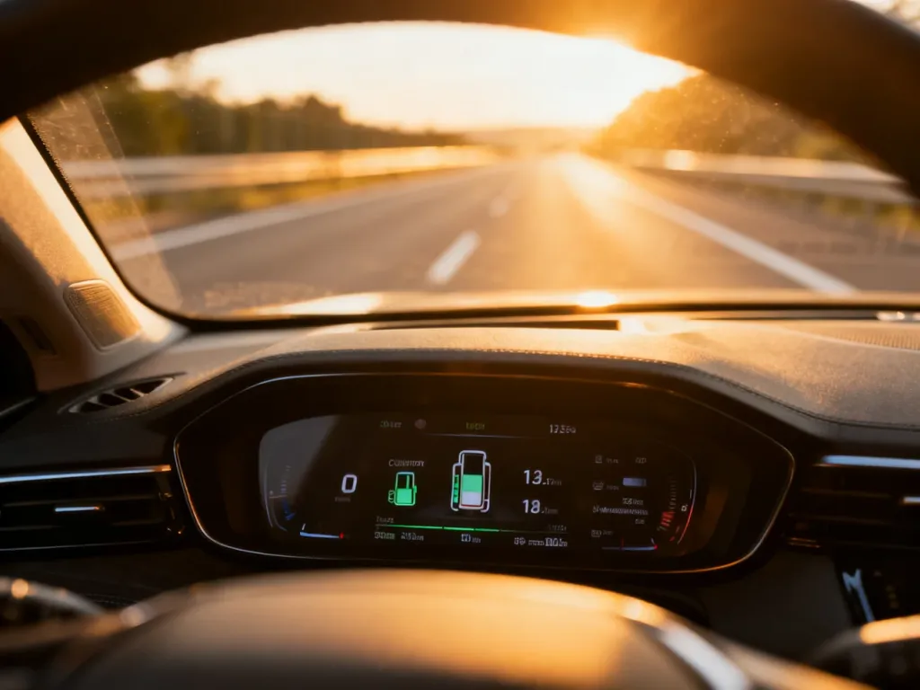Nowoczesna deska rozdzielcza samochodu z wyświetlaczem danych o zużyciu paliwa i serwisie na tle słonecznej autostrady.