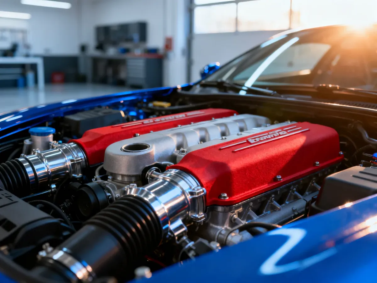 Zbliżenie na precyzyjnie wykonaną komorę silnika Porsche z charakterystycznymi czerwonymi pokrywami jednostki napędowej.