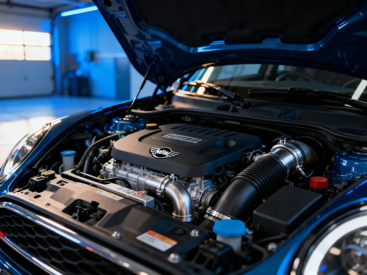 Otwarta maska nowoczesnego Mini Coopera z widocznym silnikiem benzynowym, turbosprężarką i detalami jednostki napędowej.
