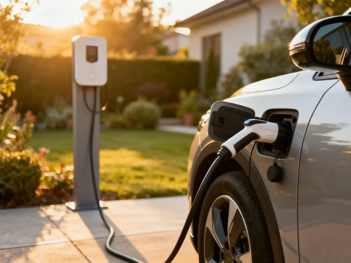 Nowoczesny samochód elektryczny podłączony do domowej stacji ładowania w przydomowym ogrodzie o poranku.
