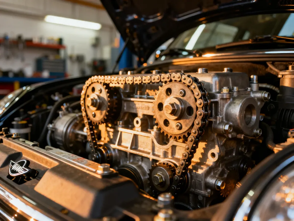 Zbliżenie na komorę silnika Mini Coopera z widocznym mechanizmem rozrządu w profesjonalnym warsztacie.