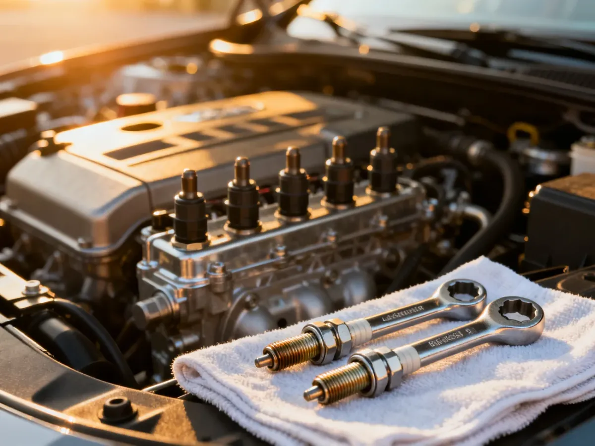 Profesjonalne narzędzia mechaniczne przygotowane do wymiany świec zapłonowych w silniku samochodu Hyundai i20.