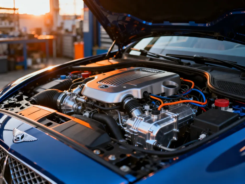 Zbliżenie na nowoczesny silnik BMW serii 5 z widocznymi detalami mechanicznymi pod maską luksusowego sedana.