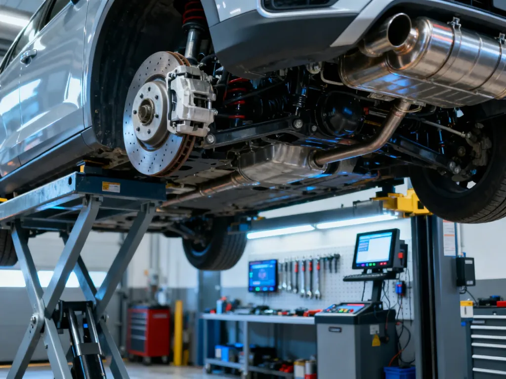 Nowoczesny samochód na podnośniku w profesjonalnym warsztacie podczas przeglądu technicznego.