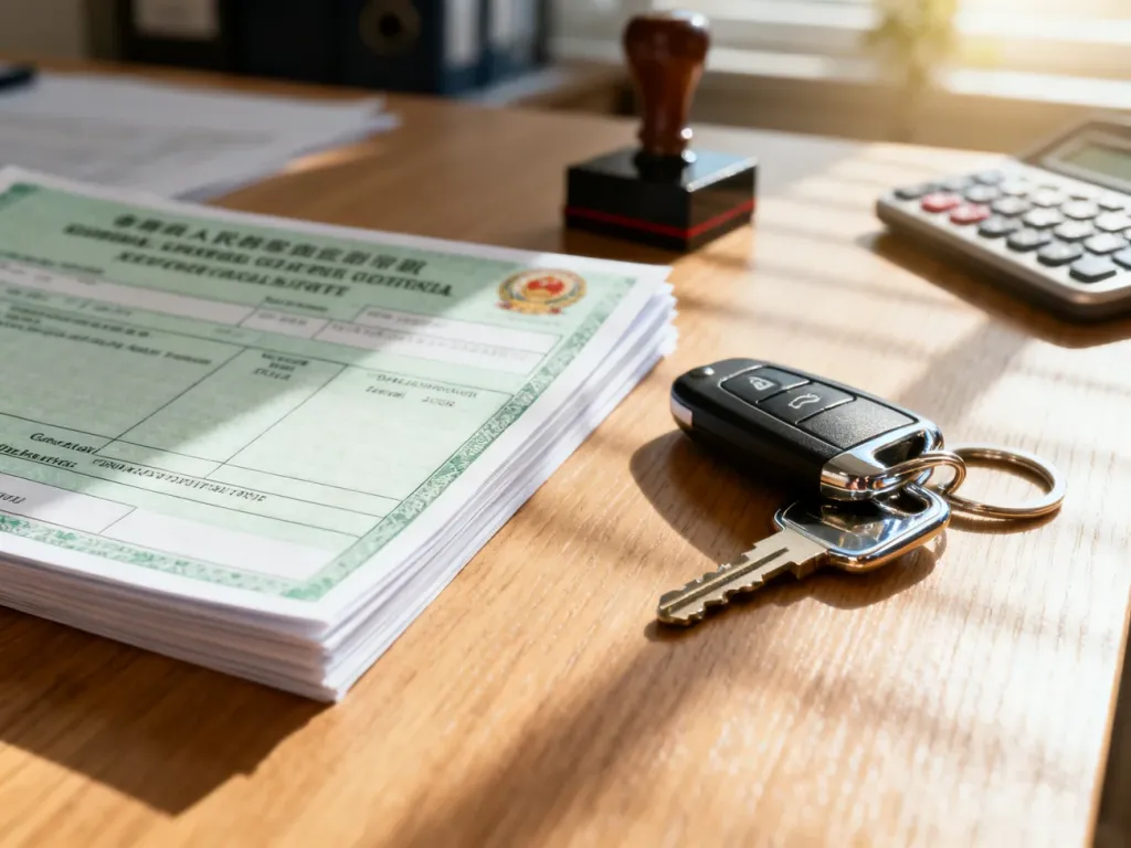 Dokumenty rejestracyjne pojazdu oraz kluczyki samochodowe na biurku, symbolizujące proces formalności przy zakupie auta.