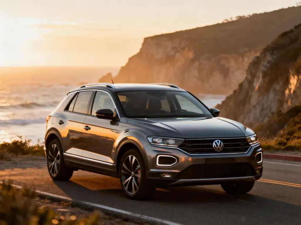 Nowoczesny Volkswagen T-Roc zaparkowany na malowniczej nadmorskiej drodze podczas złotej godziny.