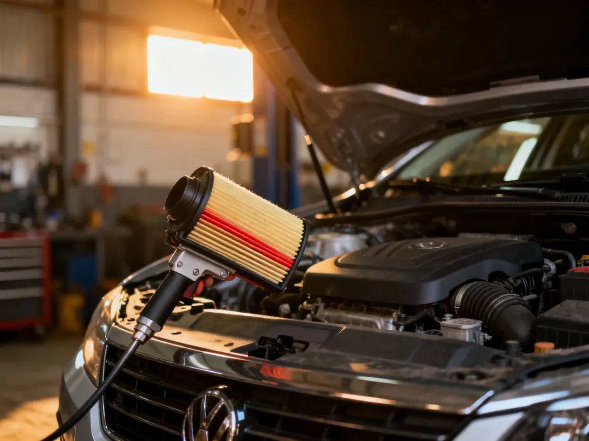 Mechanik wymieniający zużyty filtr powietrza w komorze silnika nowoczesnego samochodu.