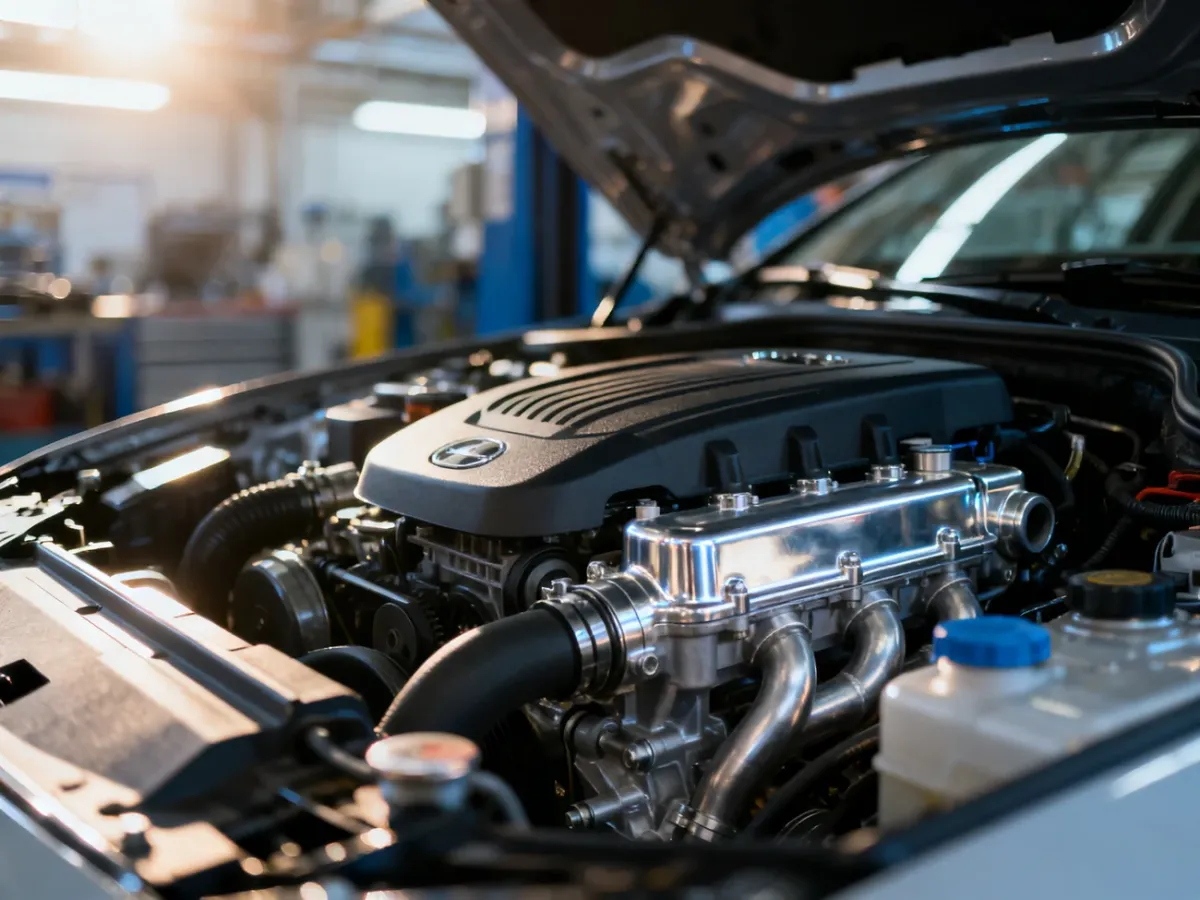 Zbliżenie na nowoczesny silnik samochodowy Dodge Journey z widocznymi detalami mechanicznymi w profesjonalnym warsztacie.