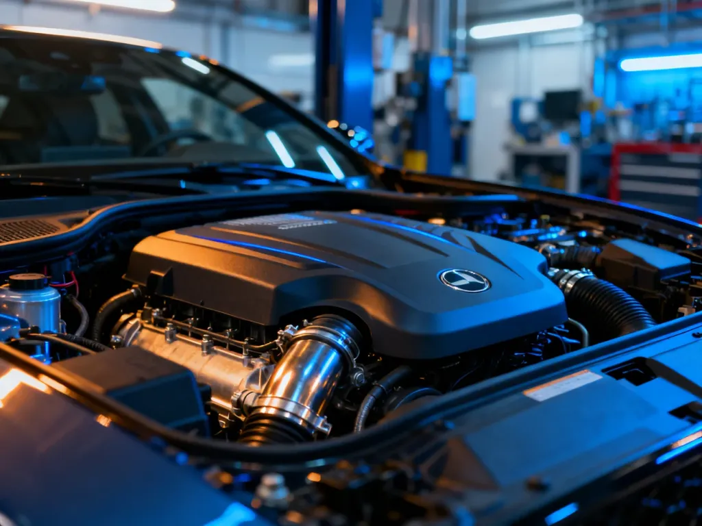 Nowoczesna komora silnika samochodu Kia z widocznymi detalami mechanicznymi w profesjonalnym warsztacie.