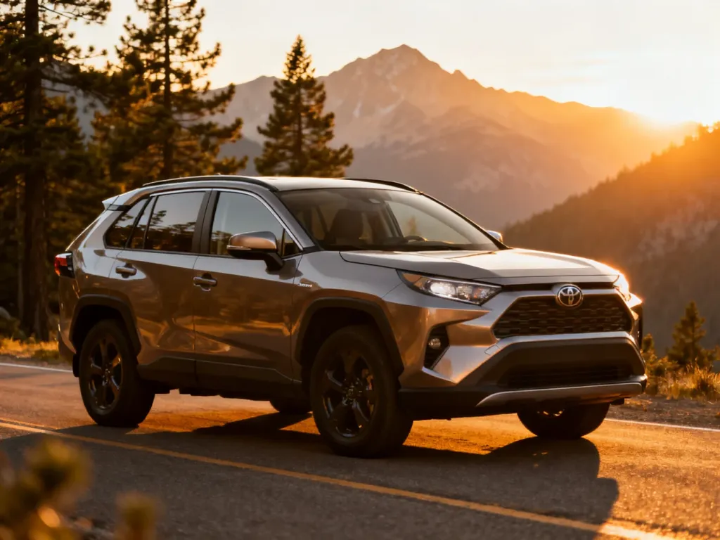Nowoczesna Toyota RAV4 czwartej generacji zaparkowana na tle górskiego krajobrazu w świetle zachodzącego słońca.