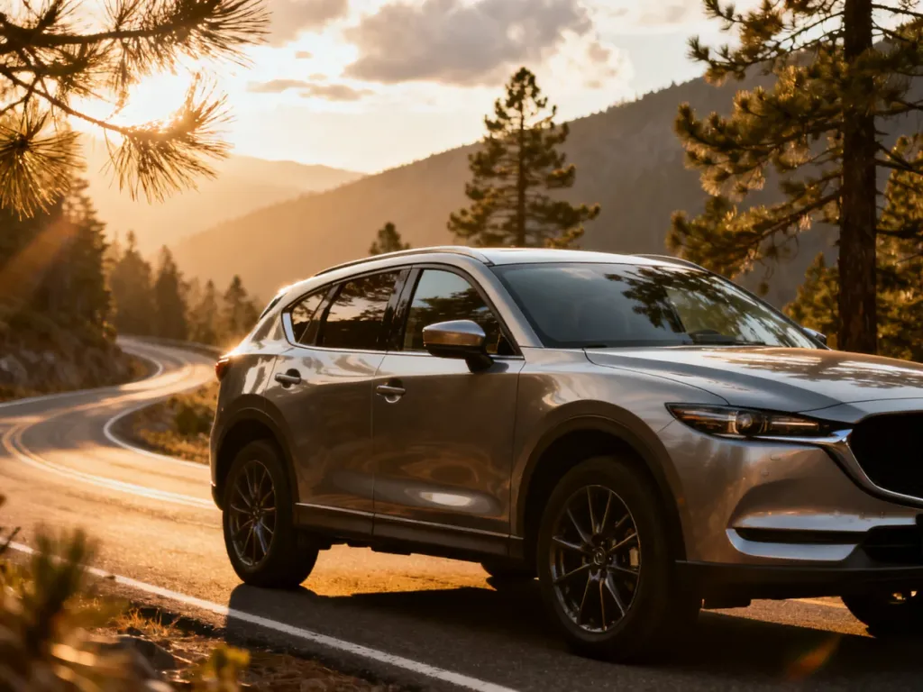 Nowoczesny SUV Citroën C5 Aircross zaparkowany na malowniczej górskiej drodze w świetle zachodzącego słońca.