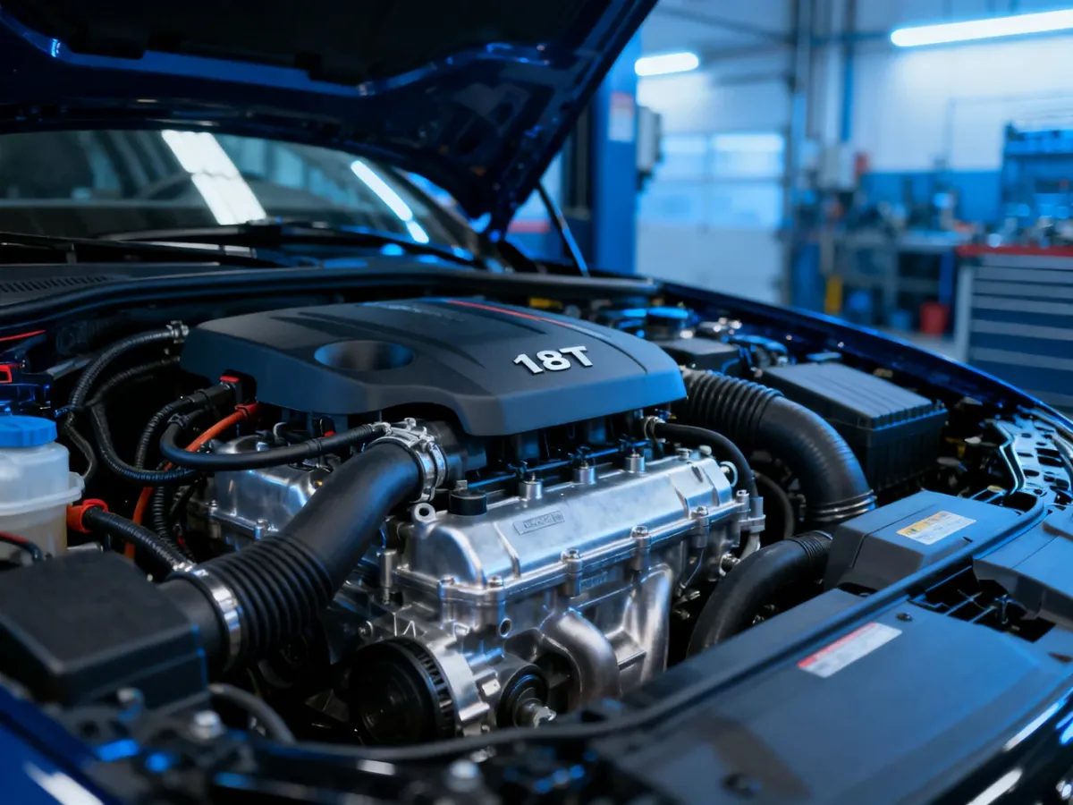 Zadbana komora silnika 1.8T w samochodzie Audi A4 B6 w profesjonalnym warsztacie samochodowym.