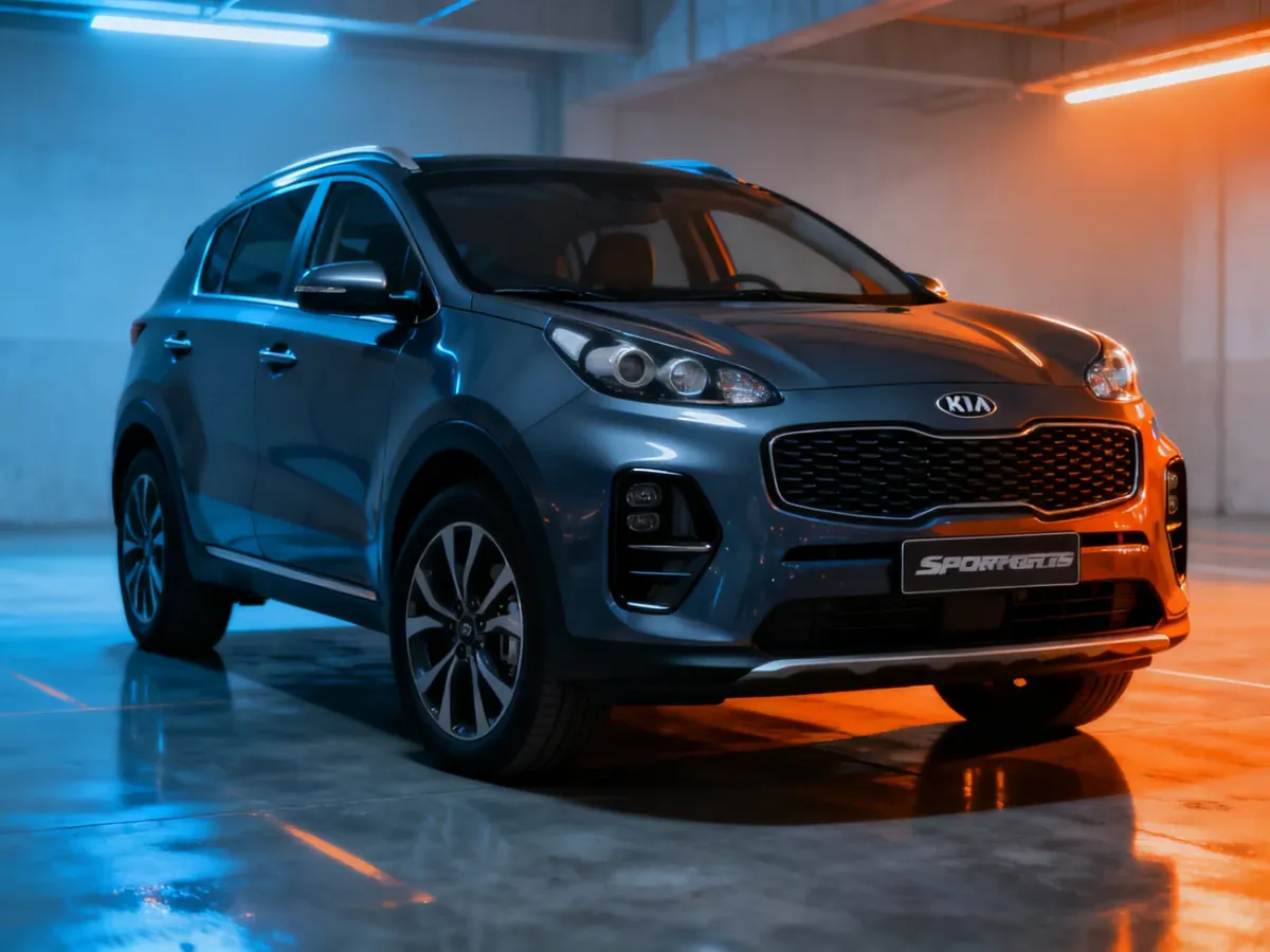 Nowoczesny SUV Kia Sportage zaparkowany w minimalistycznym garażu, prezentujący dynamiczną sylwetkę i design nadwozia.