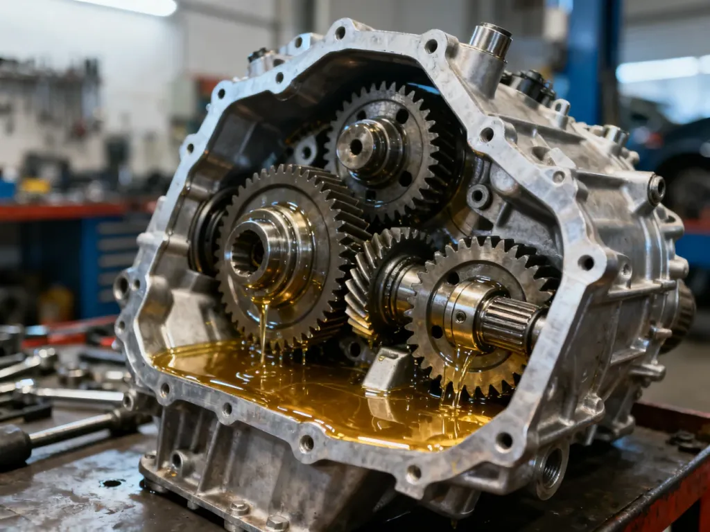Wnętrze otwartej skrzyni hydrokinetycznej z widocznymi precyzyjnymi mechanizmami pokrytymi czystym olejem przekładniowym.