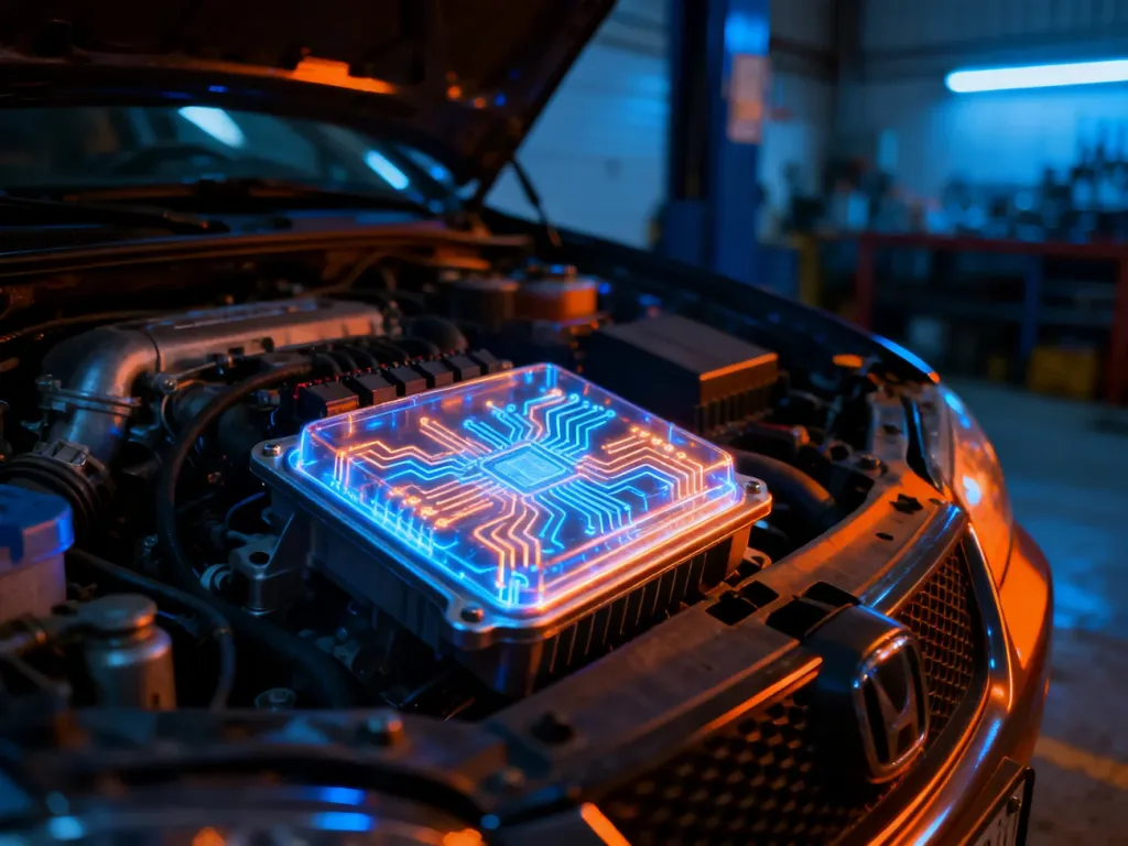 Nowoczesna komora silnika z wyeksponowanym sterownikiem ECU, symbolizująca proces elektronicznego tuningu pojazdu.