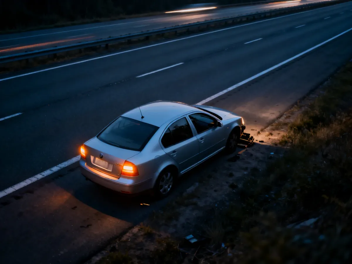Srebrny samochód z włączonymi światłami awaryjnymi zaparkowany na poboczu autostrady o zmierzchu.