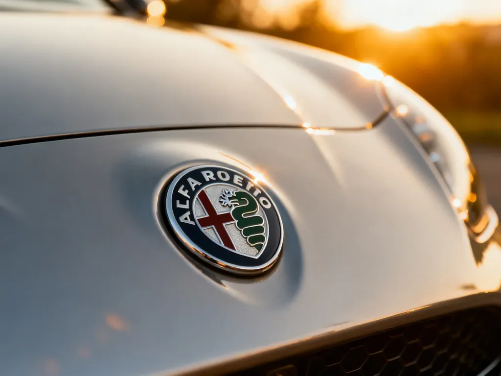 Zbliżenie na emblemat Alfa Romeo na lśniącej masce samochodu Giulietta w ciepłym świetle zachodzącego słońca.